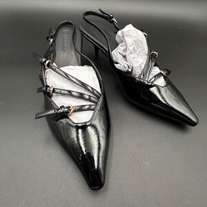 Coutgo Women's Black Patent Slingback Pointed‎ Toe Kitten Heel Shoes
